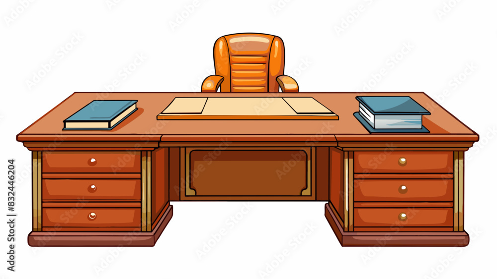 Poster A wooden desk with clean lines symmetrical drawers and a glossy finish. There is a leather swivel chair p in front of it and a stack of file folders. Cartoon Vector.