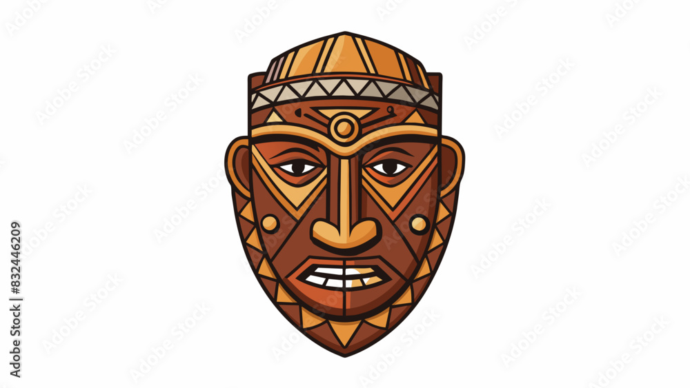 Poster a wooden mask carved with striking features and symbolic patterns representing a tradition of storyt