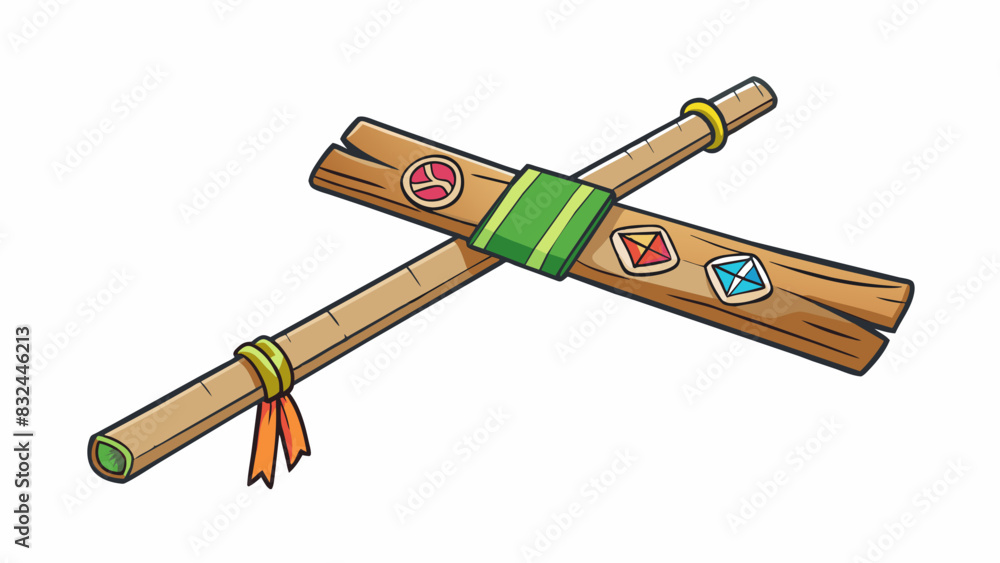 Aufkleber a wooden stick with a colored strip of cloth tied around it. the cloth contains various symbols and 