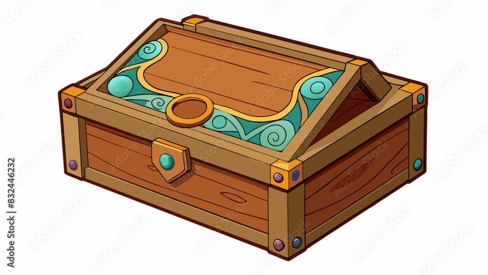 Poster A wooden box with a hinged lid carved with intricate designs on the top and sides. Inside layers of tissue paper hide a beautiful piece of handmade. Cartoon Vector.