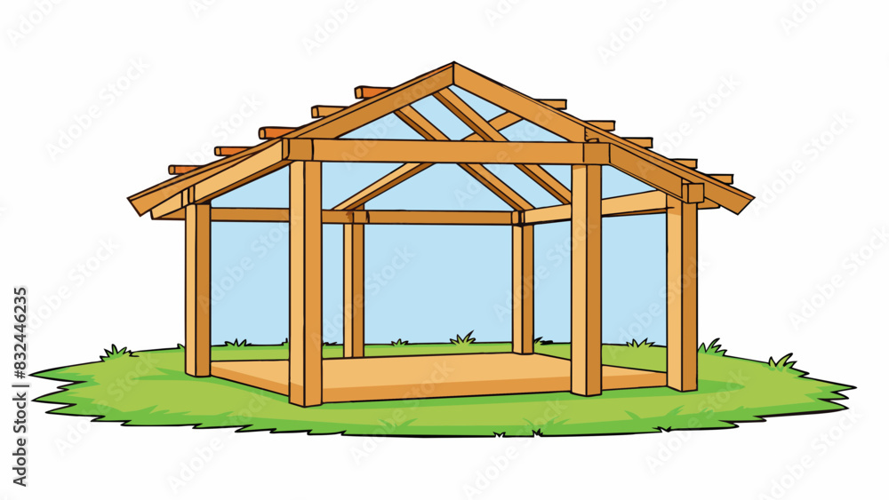 Poster A wooden frame standing in a field with evenlyspaced vertical and horizontal beams supporting a roof made of straw. This framework is sy and durable. Cartoon Vector.