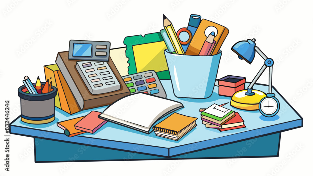 Poster a work desk cluttered with papers pens and various office supplies.. cartoon vector.
