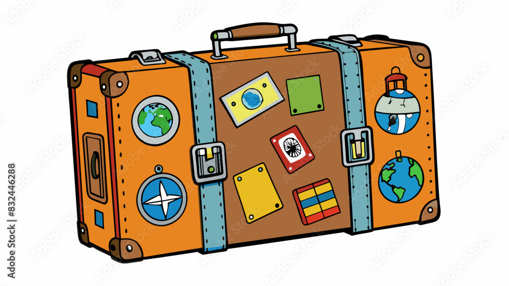 Poster A wornout suitcase with travel stickers from various destinations is a symbol of the theme of adventure and exploration. The welltraveled suitcase has. Cartoon Vector.