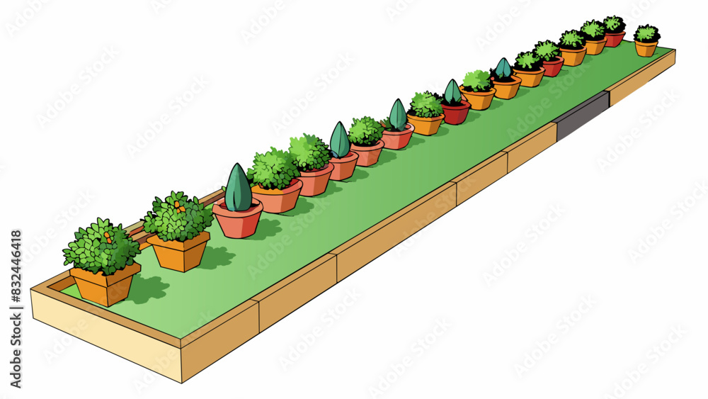 Poster Along the length of the garden path there are a variety of potted plants arranged in a zigzag pattern. They vary in height with some having small. Cartoon Vector.