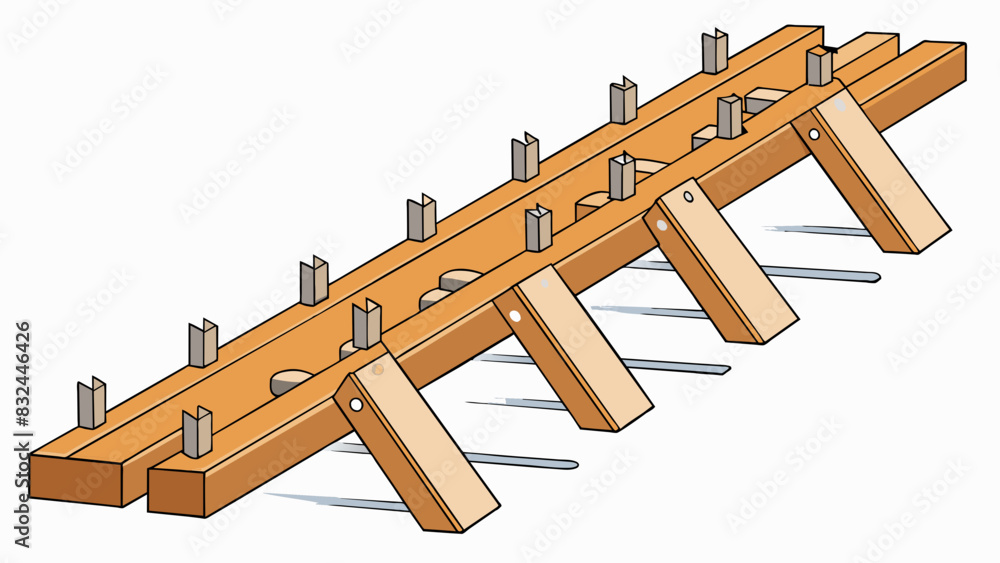 Poster along the rail evenly spaced wooden ties provide support and stability. the ties are firmly anchored