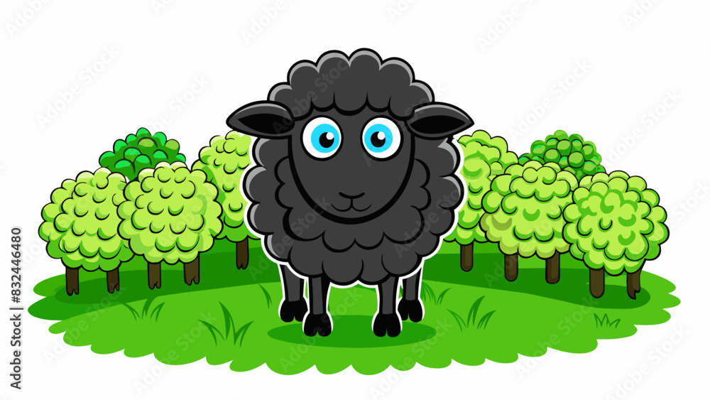 Aufkleber an allblack sheep grazing in a lush green field in the welsh countryside. it has long curly wool and