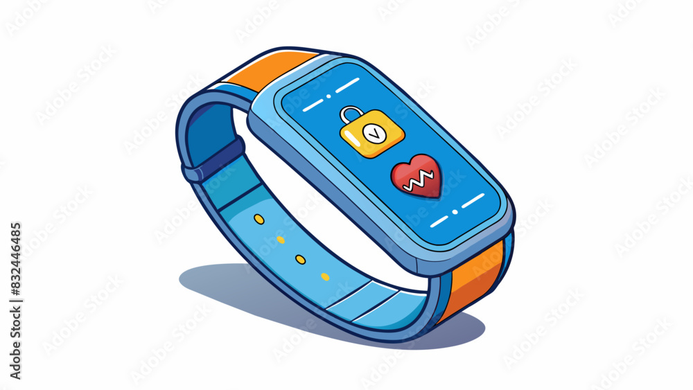 Aufkleber An advanced fitness tracker that monitors not only steps and calories but also sleep patterns and heart rate. It has a long battery life and can sync. Cartoon Vector.