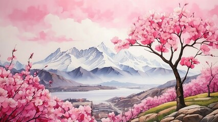 Watercolor painting of cherry blossom tree in bloom with mountains in the background