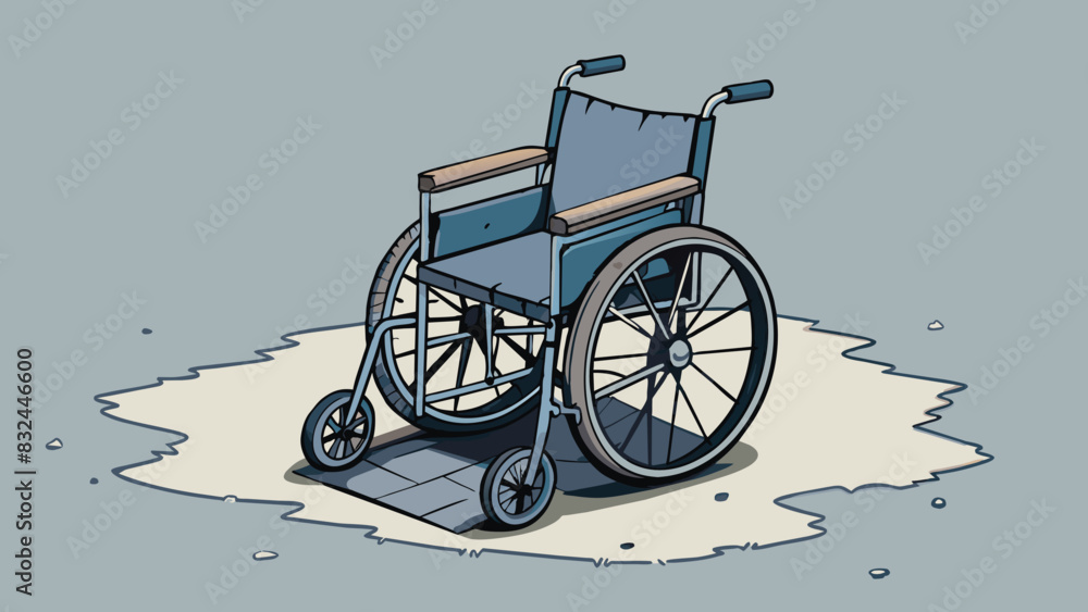 Poster An empty wheelchair with frayed ss and worn wheels sitting in a corner with no one to use it. It bears the markings and scratches of time and neglect. Cartoon Vector.