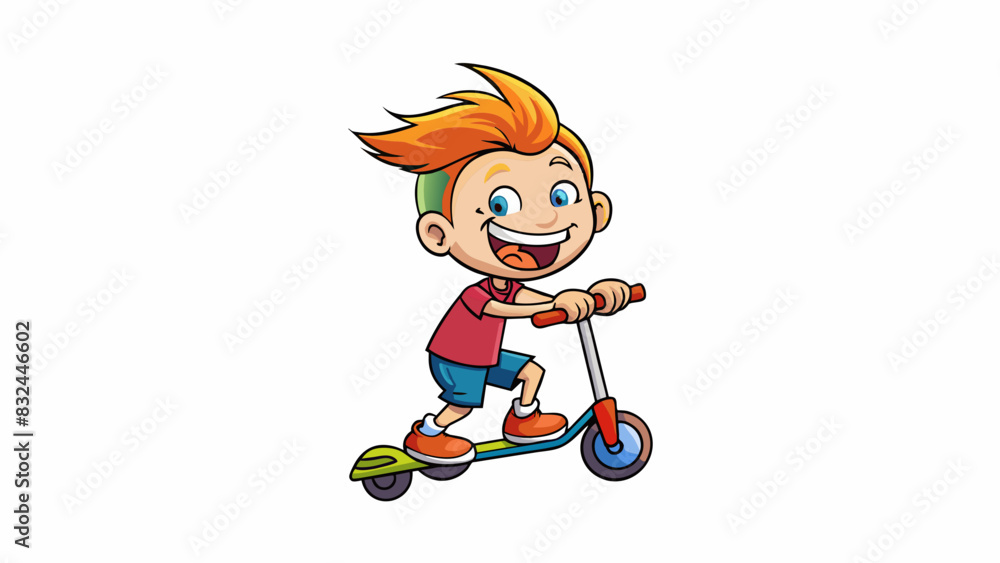 Poster an energetic kid with a messy ponytail and braces zooming around on a scooter leaving a trail of lau