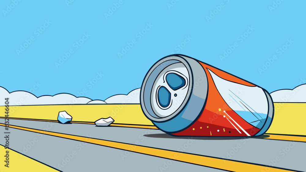 Poster an empty aluminum can crushed and flattened sits on the side of the road. its metallic sheen reflect