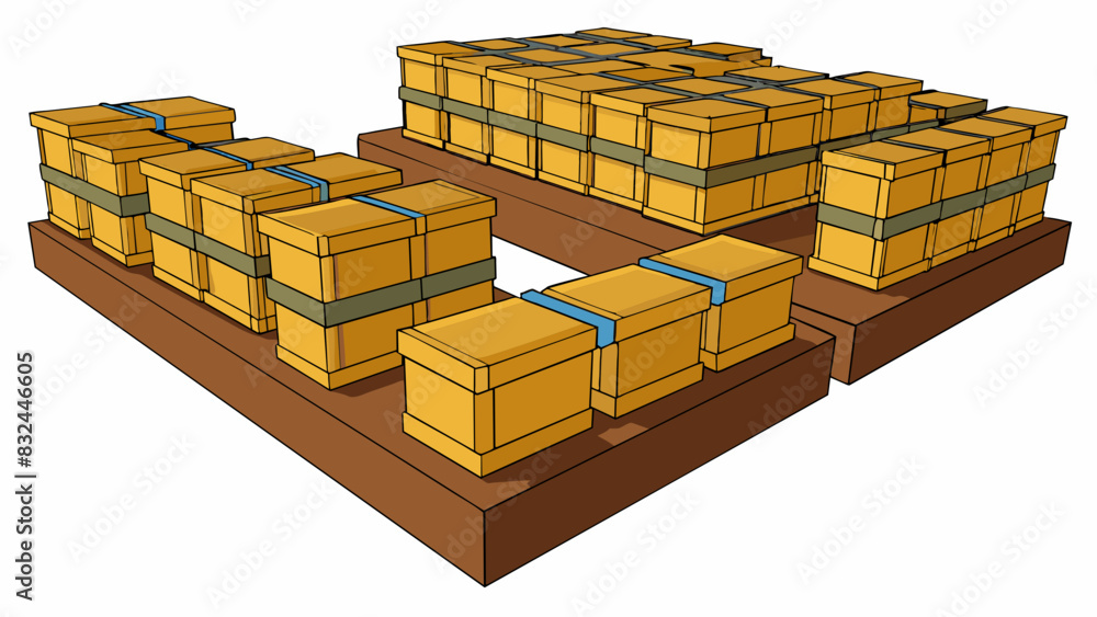 Aufkleber An empty lot with nothing but rows of neatly stacked wooden crates creating a sense of order and purpose.. Cartoon Vector.