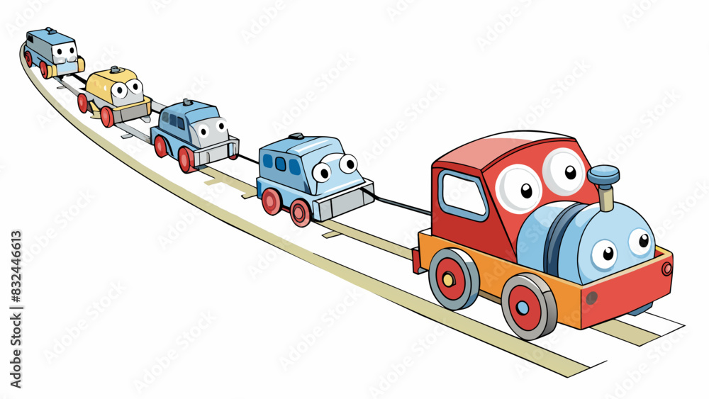 Poster an engine at the forefront of a train pulling its cars along the track. the engines powerful and con