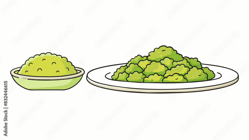 Poster An empty plate with a pile of untouched broccoli on one side and a pile of finished mashed potatoes on the other. The uneven distribution of food. Cartoon Vector.
