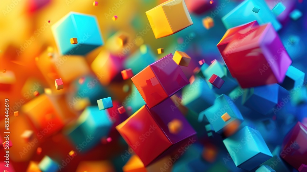 Poster background with a cluster of floating, geometric shapes in primary colors