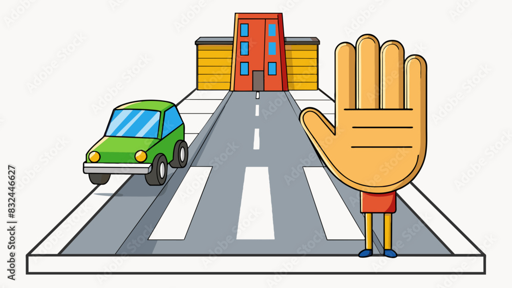 Poster An extended hand with a palm facing out instructing drivers to stop and wait for pedestrians to cross the street.. Cartoon Vector.