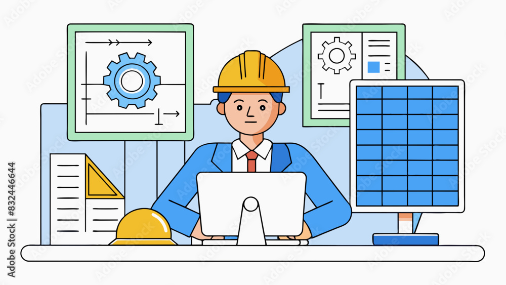 Poster An engineer sits at a computer surrounded by blueprints and technical drawings. They use specialized software and precise measurements to design and. Cartoon Vector.