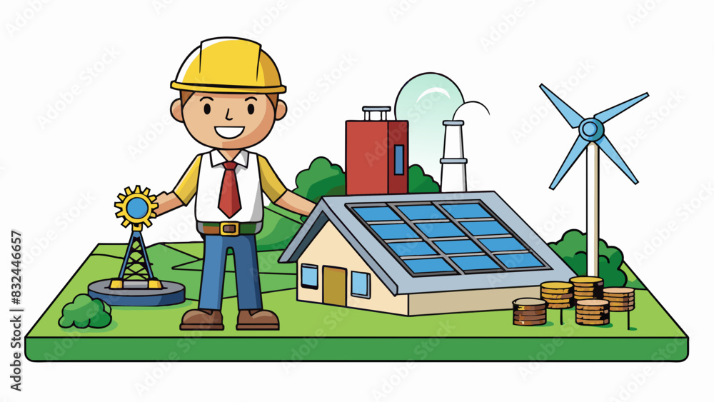 Poster An engineer must also consider the environmental impact of their designs. They strive to create sustainable and ecofriendly structures and systems. Cartoon Vector.