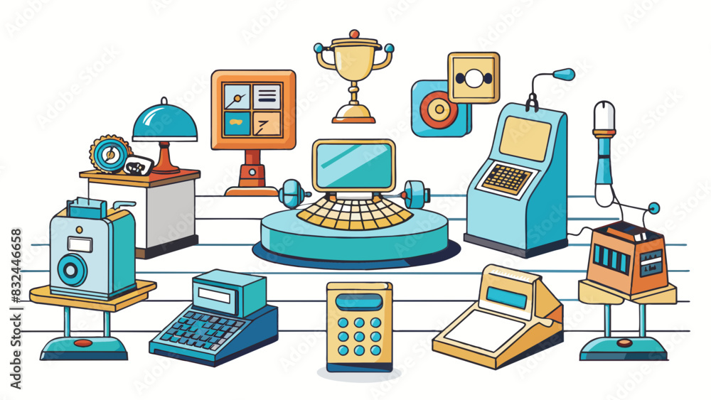 Aufkleber an exhibition focused on the history of technology with displays of old and new gadgets and devices.