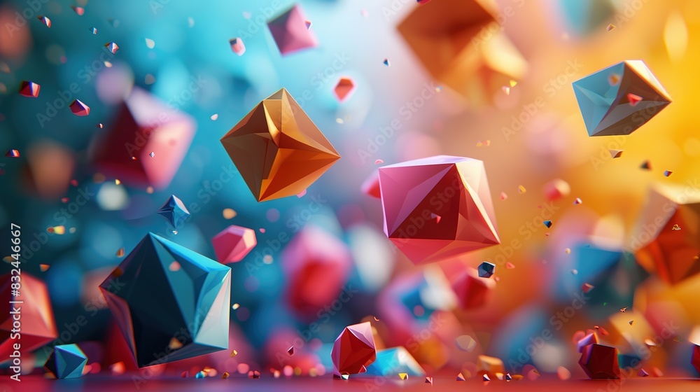 Poster background with a cluster of floating, geometric shapes in primary colors