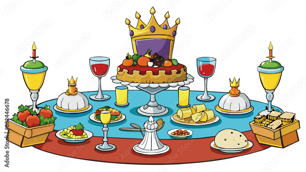 Poster An extravagant feast fit for a king with an endless array of succulent dishes fancy silverware and fine crystal glasses.. Cartoon Vector.