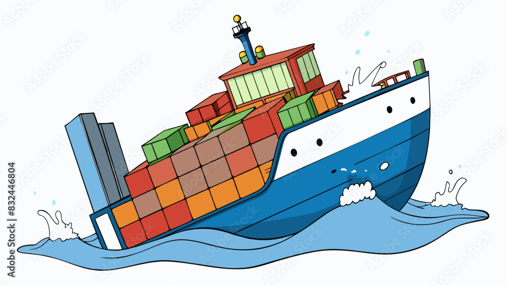 Poster an overloaded cargo ship floating in the water visibly sinking deeper into the ocean due to its imme