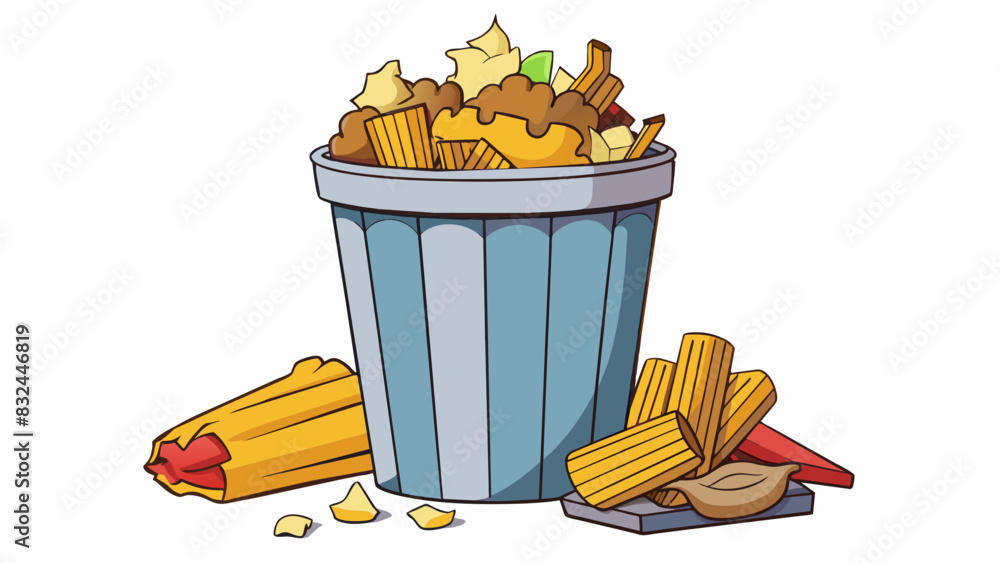 Poster An overflowing garbage can with overflowing fast food wrappers The garbage can is overflowing with paper wrappers cups and containers from various. Cartoon Vector.