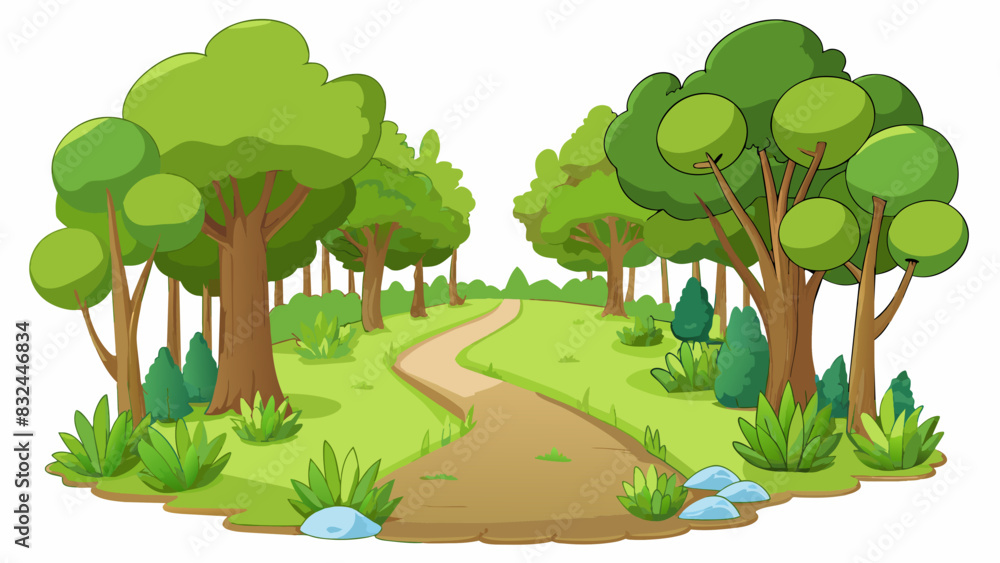 Poster An overgrown pathway with tall swaying trees on either side leading to a small secluded pond.. Cartoon Vector.