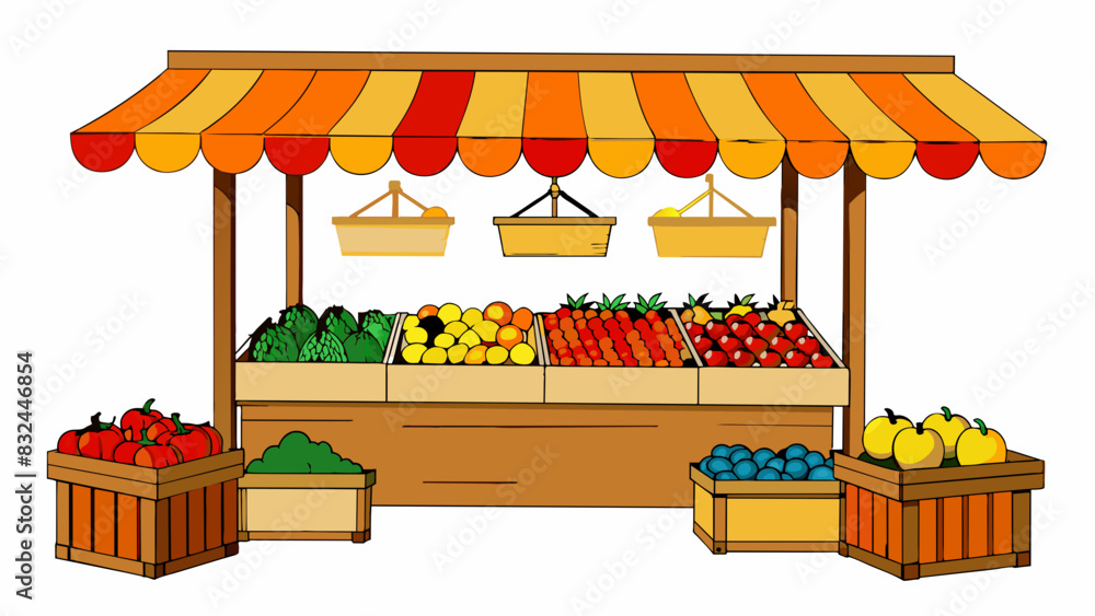 Poster As a common sight at a farmers market this representative fruit stand showcases a colorful array of fresh produce. The wooden crates are filled with. Cartoon Vector.