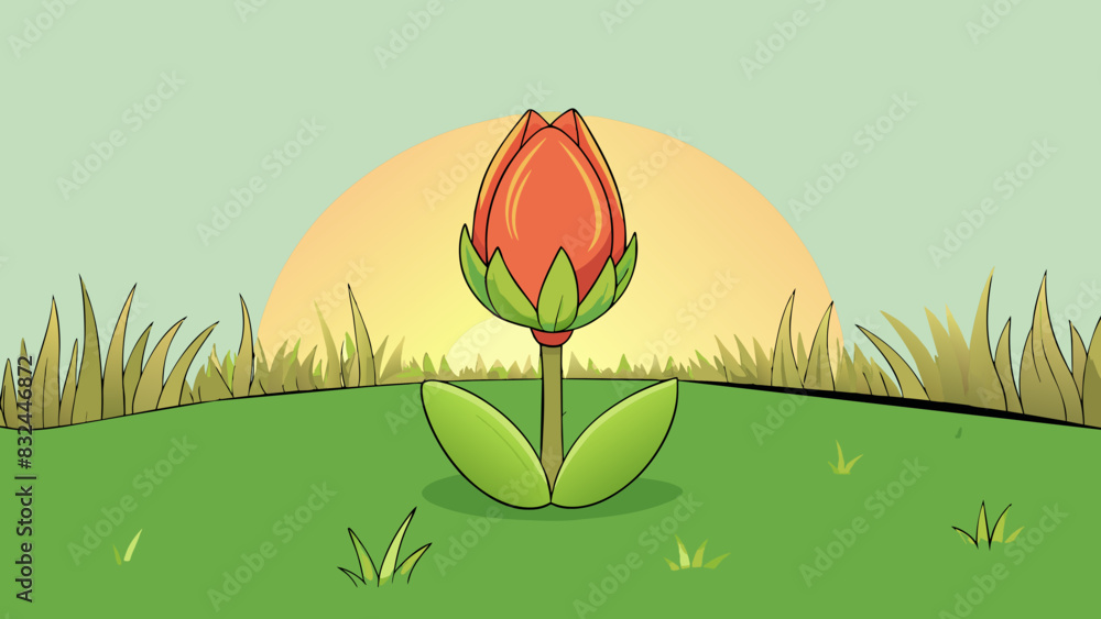 Poster as a new day dawns the suns rays shine down on a peaceful meadow where a delicate flower bud opens u