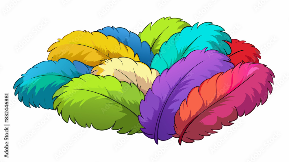 Aufkleber An ounce of feathers A of fluffy lightweight feathers in various colors and sizes. They are soft to the touch and have a delicate airy texture.. Cartoon Vector.
