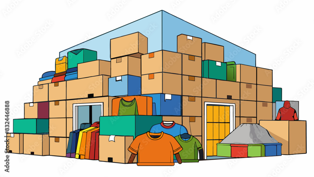 Poster An overflowing warehouse filled with stacks of cardboard boxes each containing different types of clothing. The boxes are labeled with sizes and. Cartoon Vector.