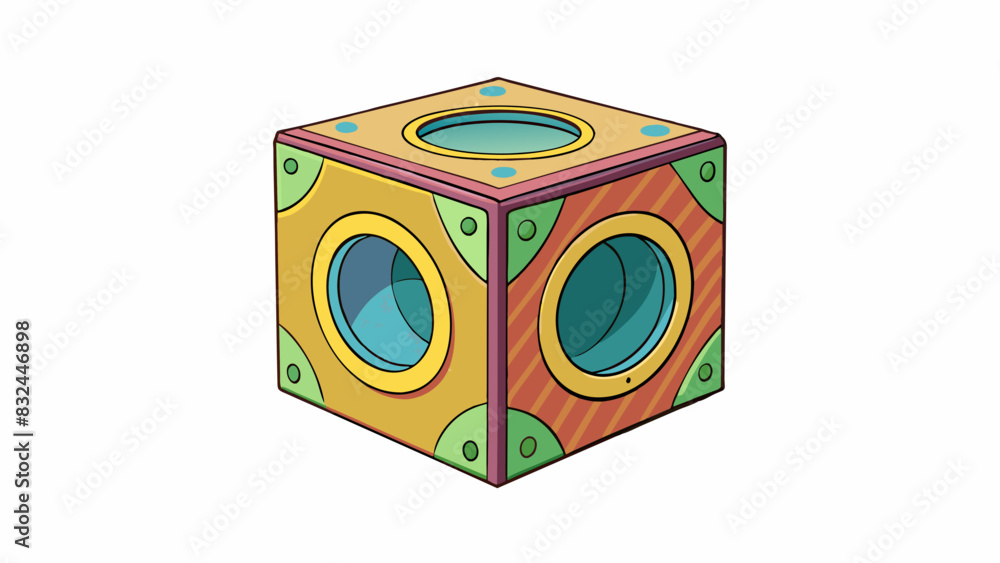 Aufkleber Another object is a small cubeshaped box with a lid that swings open. It is made of a sy cardboard material with colorful patterns and designs. Cartoon Vector.