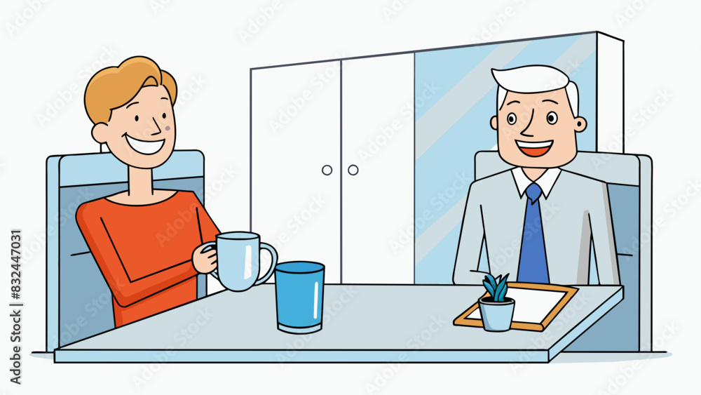 Poster as the interviewee entered the room they were greeted by a warm smile from the interviewer. the room