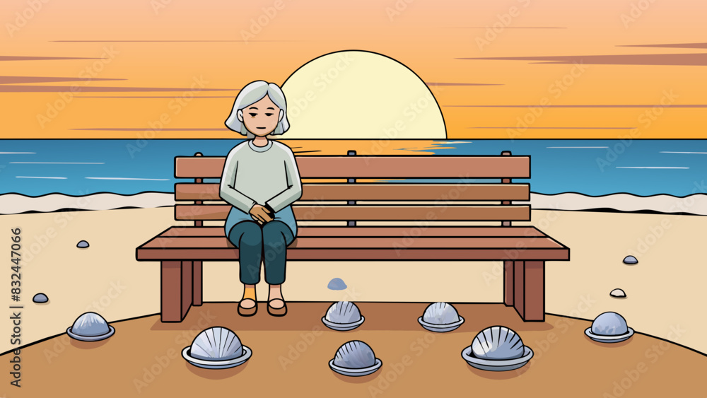 Poster As the sun began to set over the horizon Eve sat on a weathered wooden bench admiring the intricate patterns of the seashells tered along the shore.. Cartoon Vector.