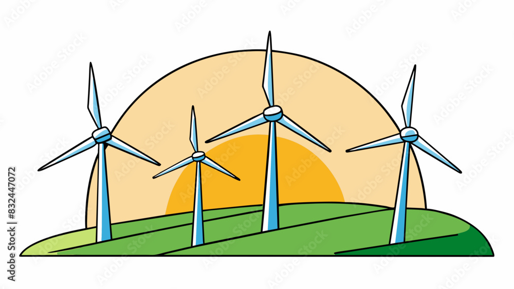 Poster as the sun sets over the horizon a row of giant wind turbines stand tall on a windy hill their three