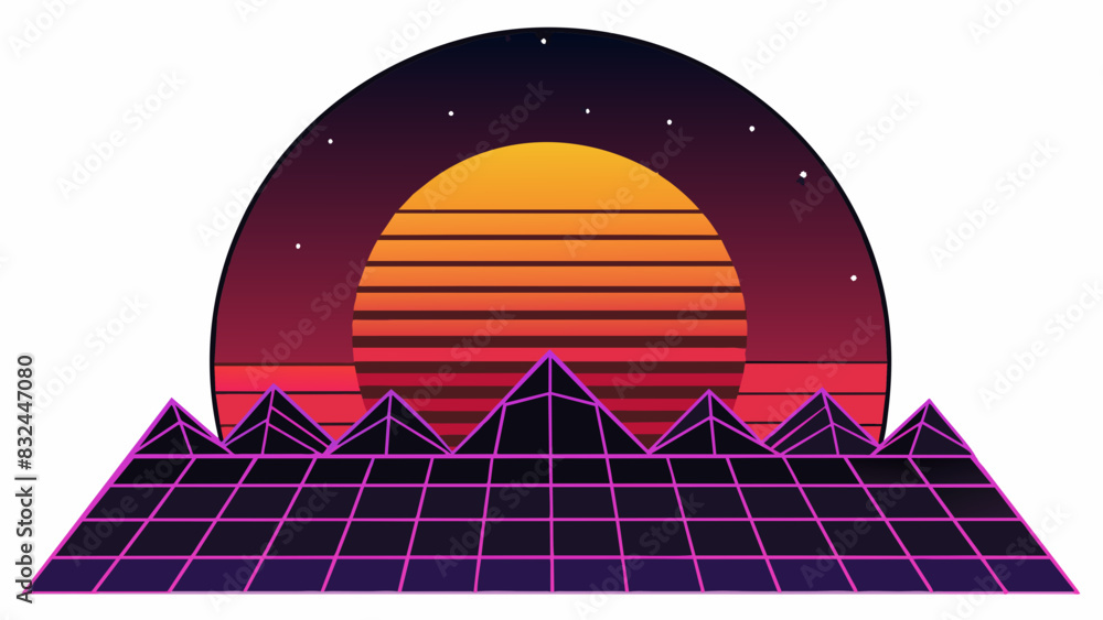 Poster As the sun sets behind the mountains the colorful skyline gradually disappears giving way to a dark starry sky.. Cartoon Vector.