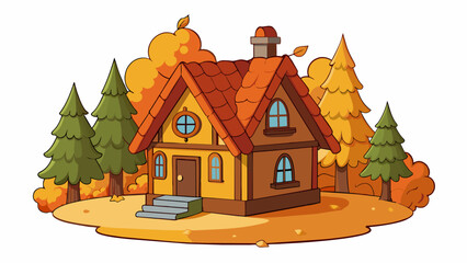 As the crisp autumn leaves parted ways a winding path appeared leading to a quaint cottage nestled in the dense forest its warm lights beckoning.. Cartoon Vector.