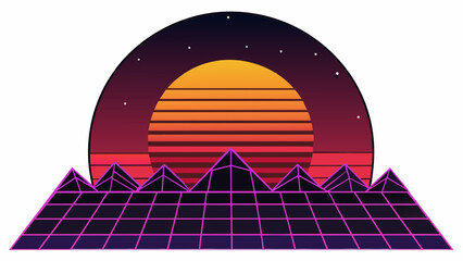 As the sun sets behind the mountains the colorful skyline gradually disappears giving way to a dark starry sky.. Cartoon Vector.