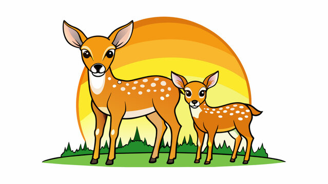 As the sun began to set casting a golden hue over the countryside a family of deer emerged from the thick forest. A them was a small fawn its tiny. Cartoon Vector.