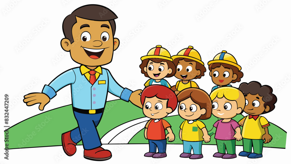 Poster at a theme park a guide is seen wearing a colorful uniform and a big smile as they lead a group of c