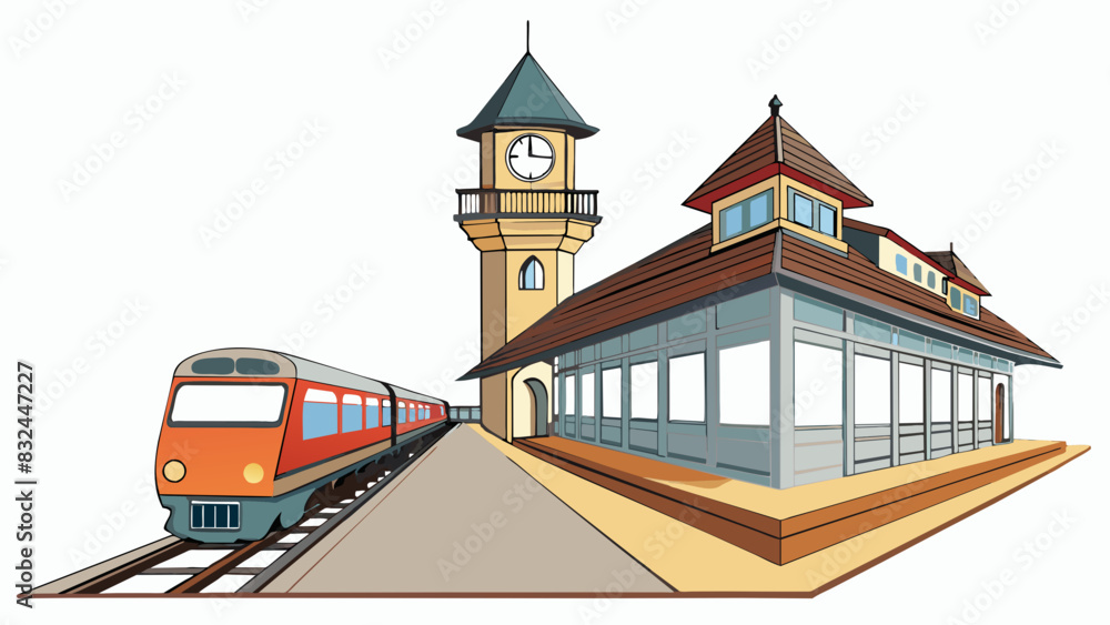 Poster at the end of the rail line a large imposing train station stands tall its clock tower looming over 