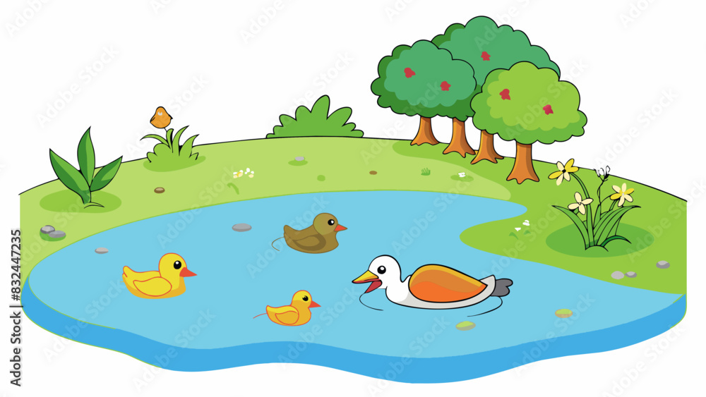 Aufkleber at the edge of the park there is a serene pond where a family of ducks can be seen gliding peacefull