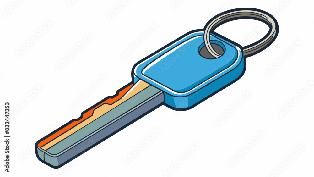 Poster Attaching a key to a keychain The key made of metal is inserted into a small circular keyring made of durable plastic. The keyring has a springloaded. Cartoon Vector.