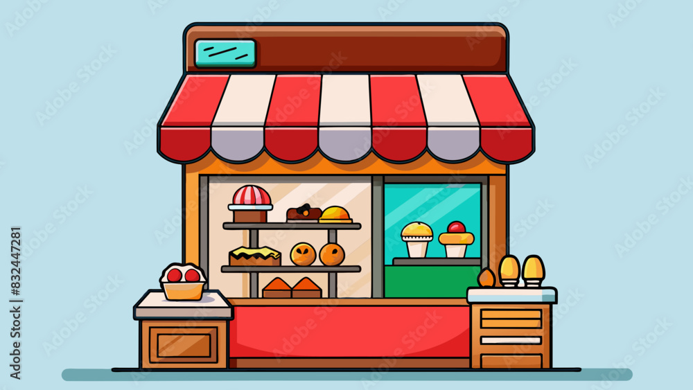 Poster Bakery A small shop with a cozy and inviting atmosphere. The building has a red roof and a big display window showcasing various delectable treats.. Cartoon Vector.