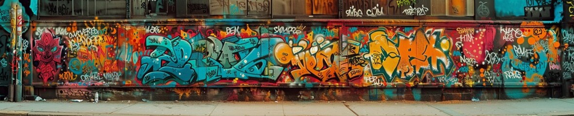 Obraz premium Colorful Graffiti Art on Urban Brick Wall banner background