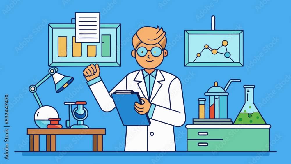 Poster Conducting research with rigor A scientist works diligently in their laboratory carefully recording data and following precise procedures. They. Cartoon Vector.