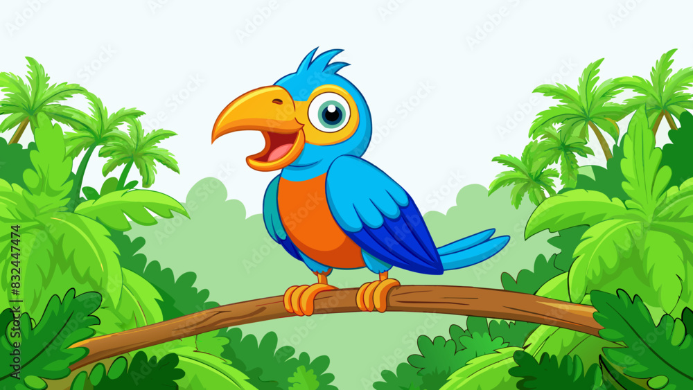 Poster Deep in the jungle a colorful bird with vibrant feathers perches on a branch its sharp beak and piercing eyes on high alert. It chirps loudly its call. Cartoon Vector.