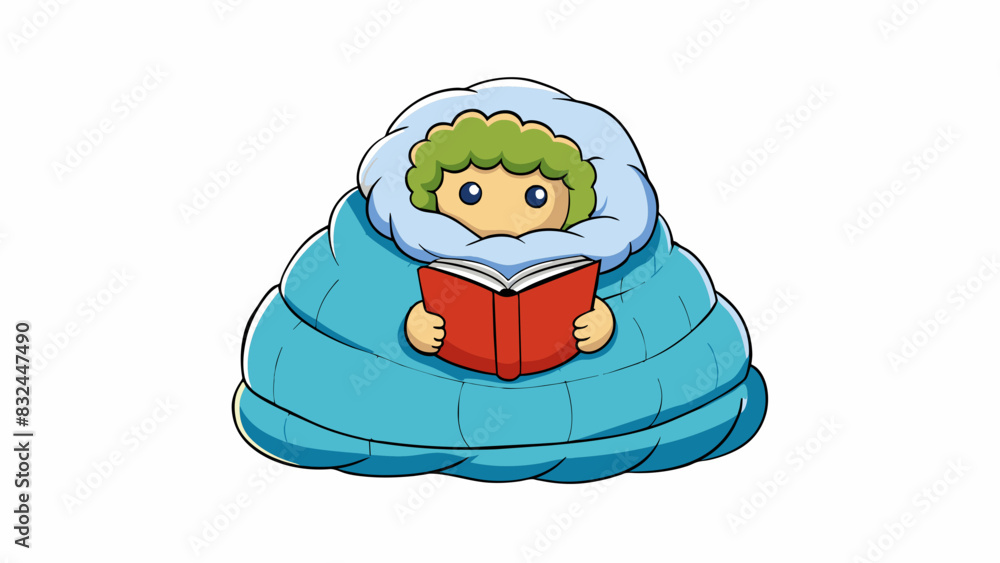 Poster Curling up under a fluffy down comforter on a cold winter night with a good book in hand. The comforter envelopes you in its softness providing warmth. Cartoon Vector.
