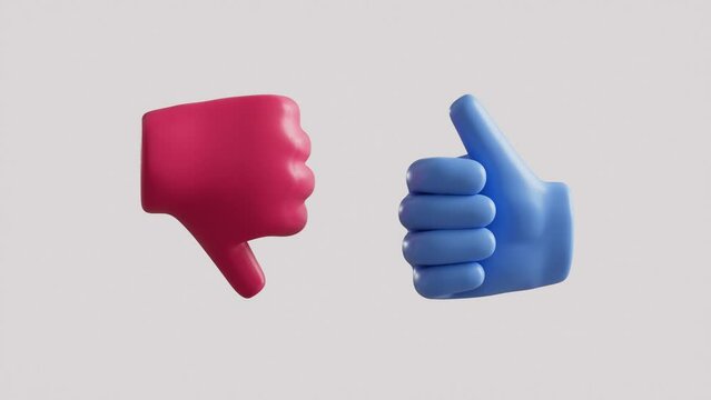 Two hands confronted blue and red that show a like or thumb up change to a dislike or thumb down simultaneously on white background in 3D animation. Disagreement and opinions confrontation concept